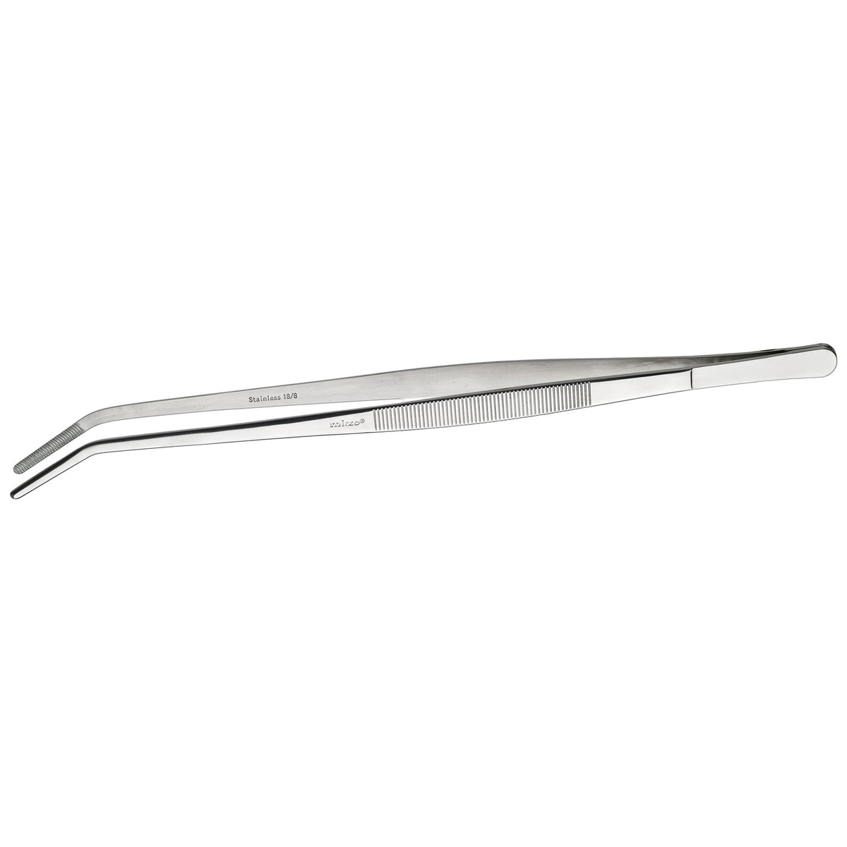 Winco TTG-10C 10-inch curved stainless steel tweezer plating tongs with textured grip and fine curved tips