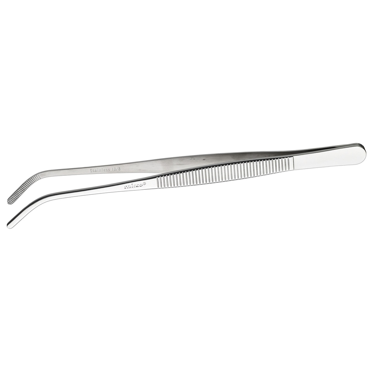 Winco TTG-8C 8-inch curved stainless steel tweezer plating tongs with textured grip and angled fine-point tips