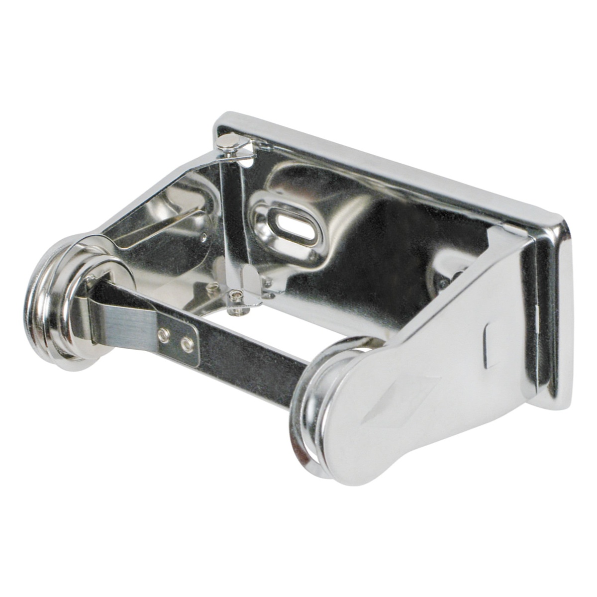 Winco TTH-1 single roll toilet tissue holder in chrome-plated steel, shown from an angle revealing the spindle and wall-mount bracket