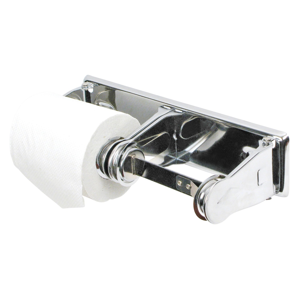 Winco TTH-2 chrome-plated double roll toilet tissue holder with two rolls of toilet paper loaded
