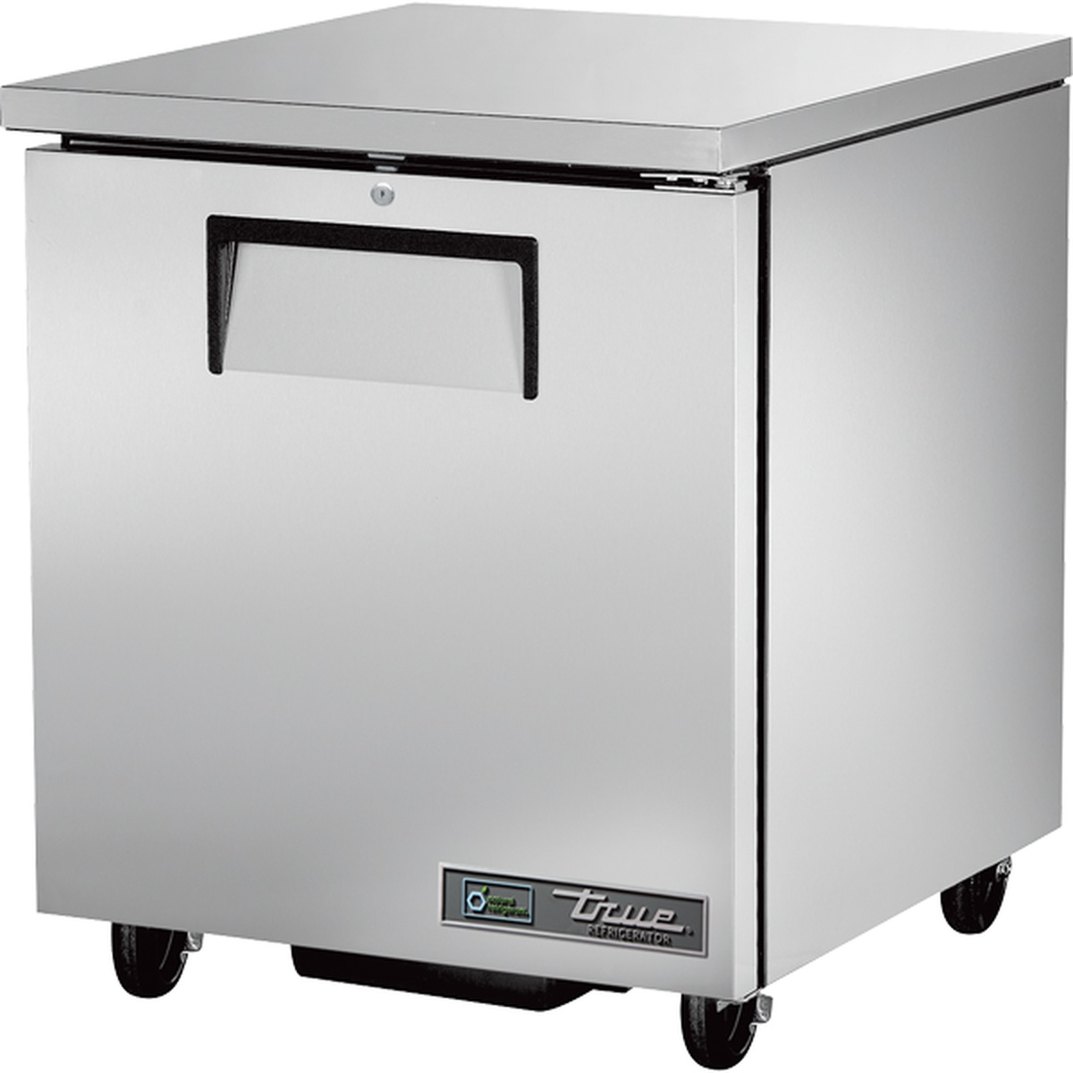 True TUC-27-HC stainless steel single-door undercounter refrigerator on casters, front three-quarter view