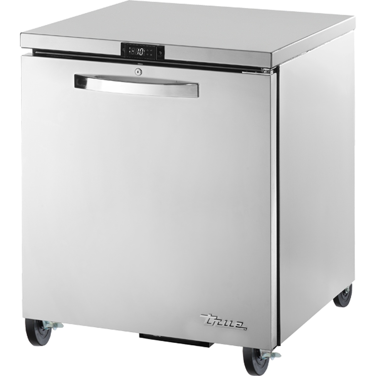 True Manufacturing TUC-27F-HC~SPEC3 stainless steel undercounter freezer with solid door, digital display, and caster wheels