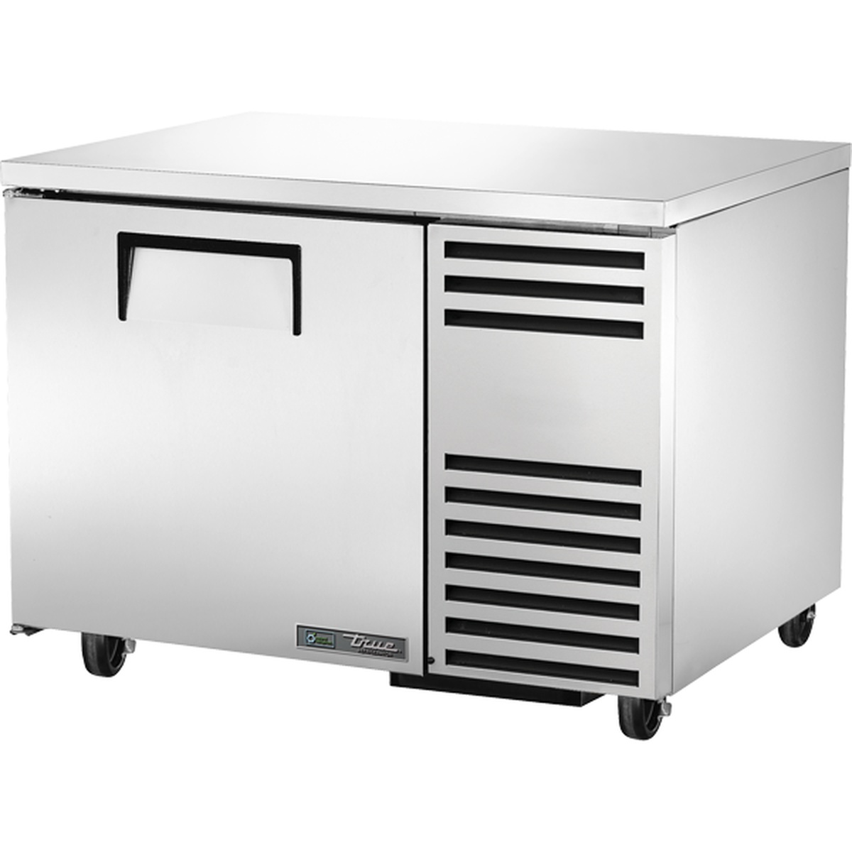 True TUC-44-HC stainless steel single-door undercounter refrigerator with side-mounted condenser vents and stem castors