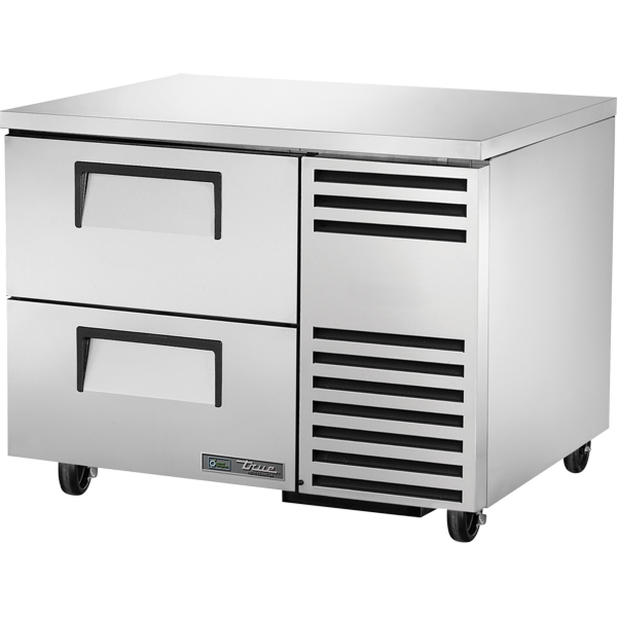 True TUC-44D-2-HC stainless steel undercounter refrigerator with two drawers on casters