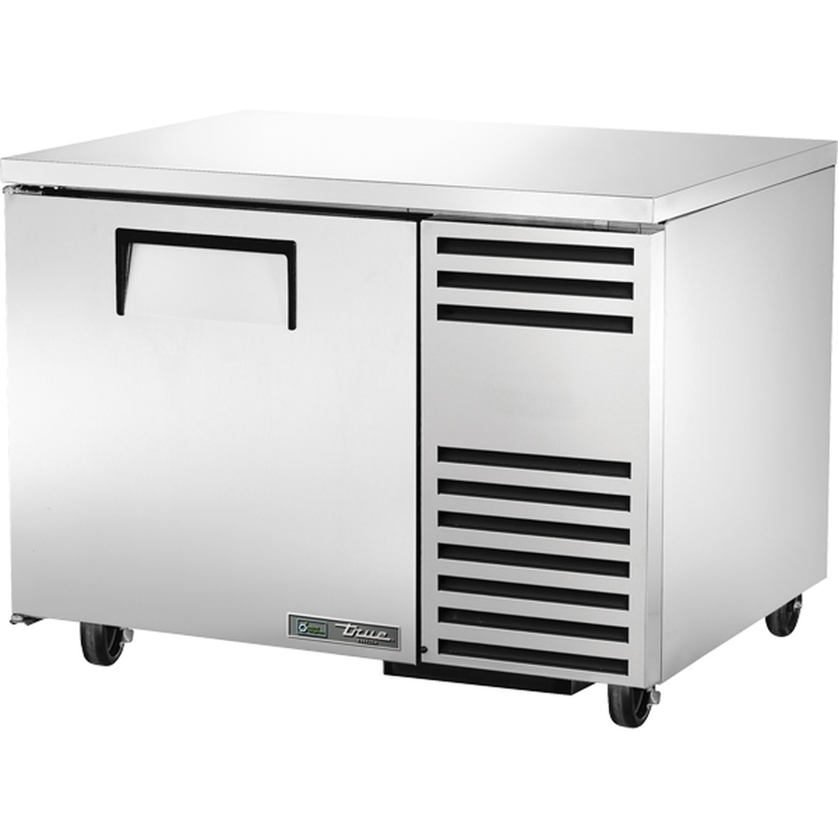 True TUC-44F-HC stainless steel undercounter freezer with solid door, front-breathing grille, and stem casters