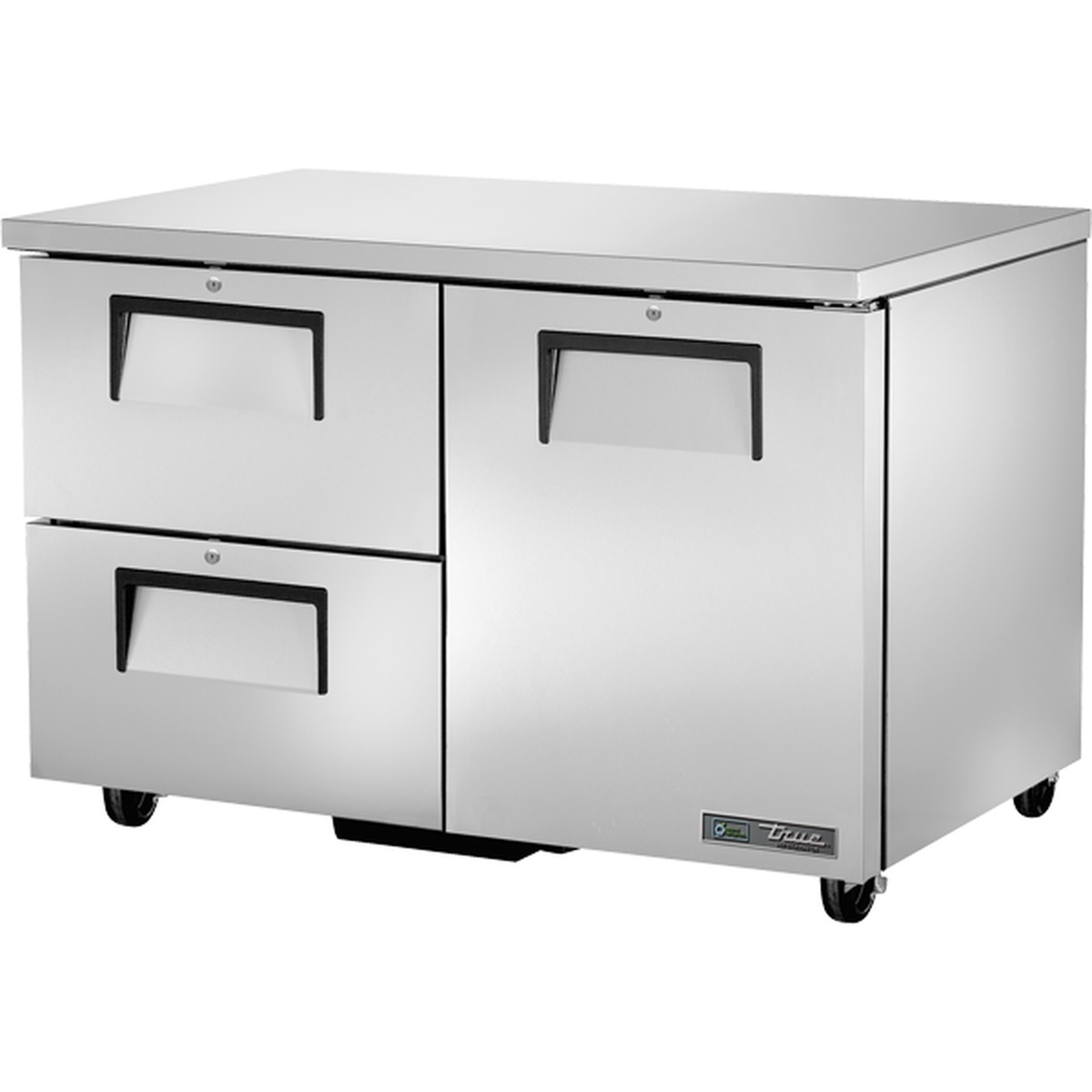 True TUC-48D-2-HC 48-inch undercounter refrigerator with two stainless steel drawers on the left and one solid swing door on the right, mounted on 5-inch stem casters