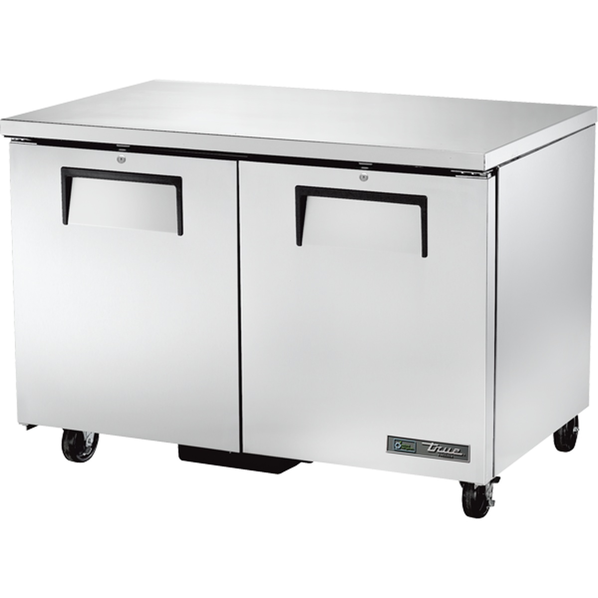 True TUC-48F-HC two-door undercounter freezer with stainless steel exterior and caster wheels
