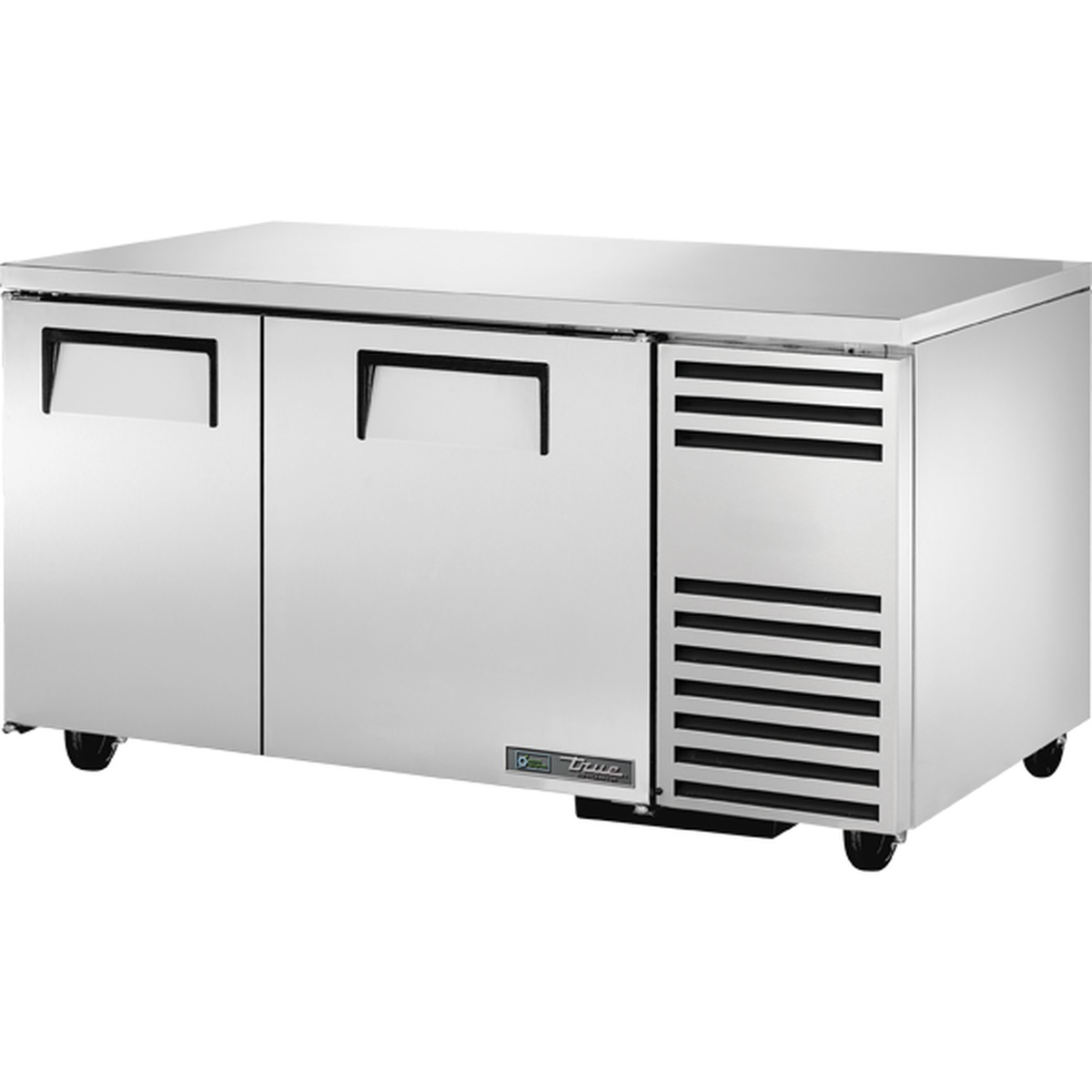 True TUC-60-32-HC 2-door stainless steel undercounter refrigerator with side-mounted ventilation grille and heavy-duty handles