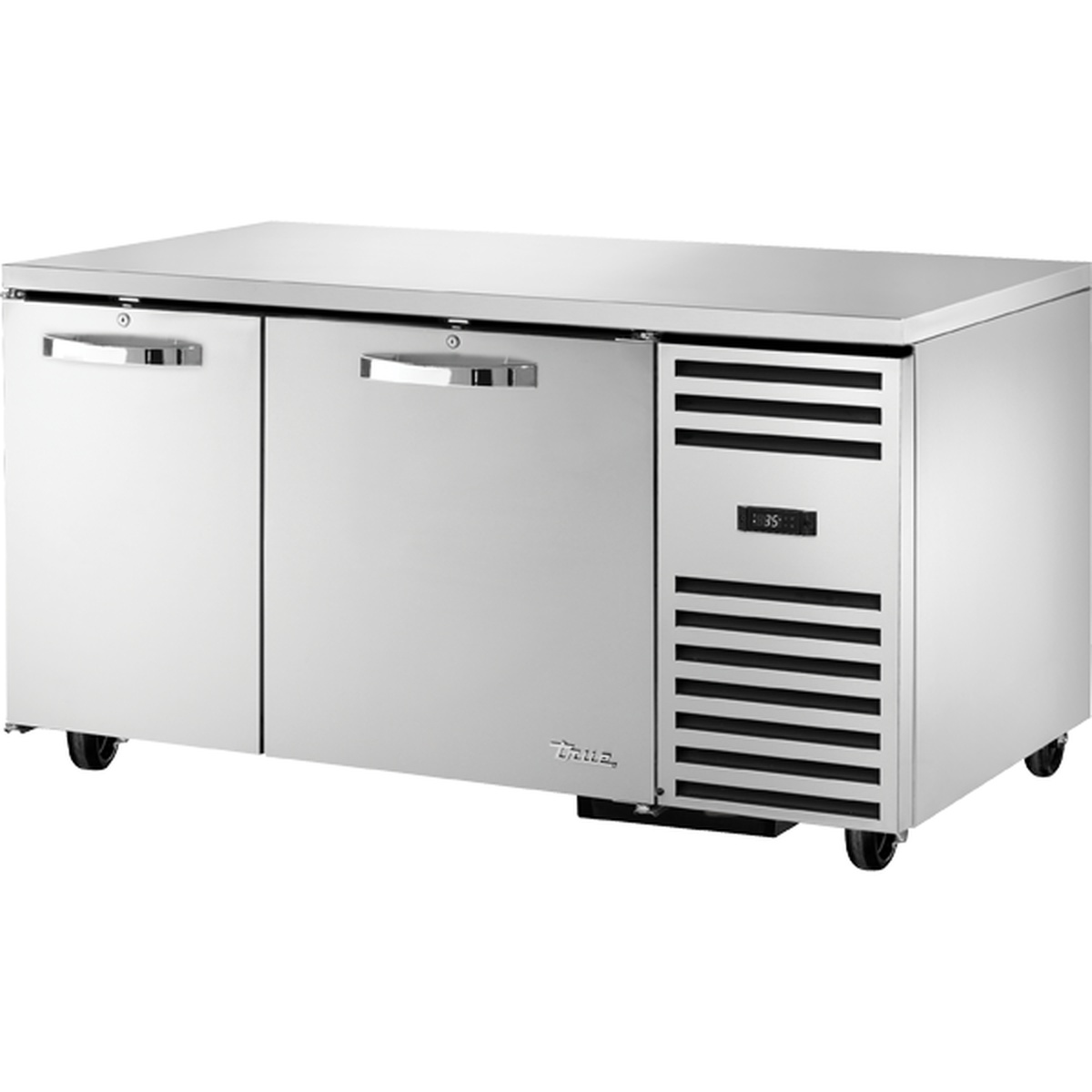 True TUC-60-32-HC SPEC3 stainless steel 2-door undercounter refrigerator with digital temperature display and side ventilation grille
