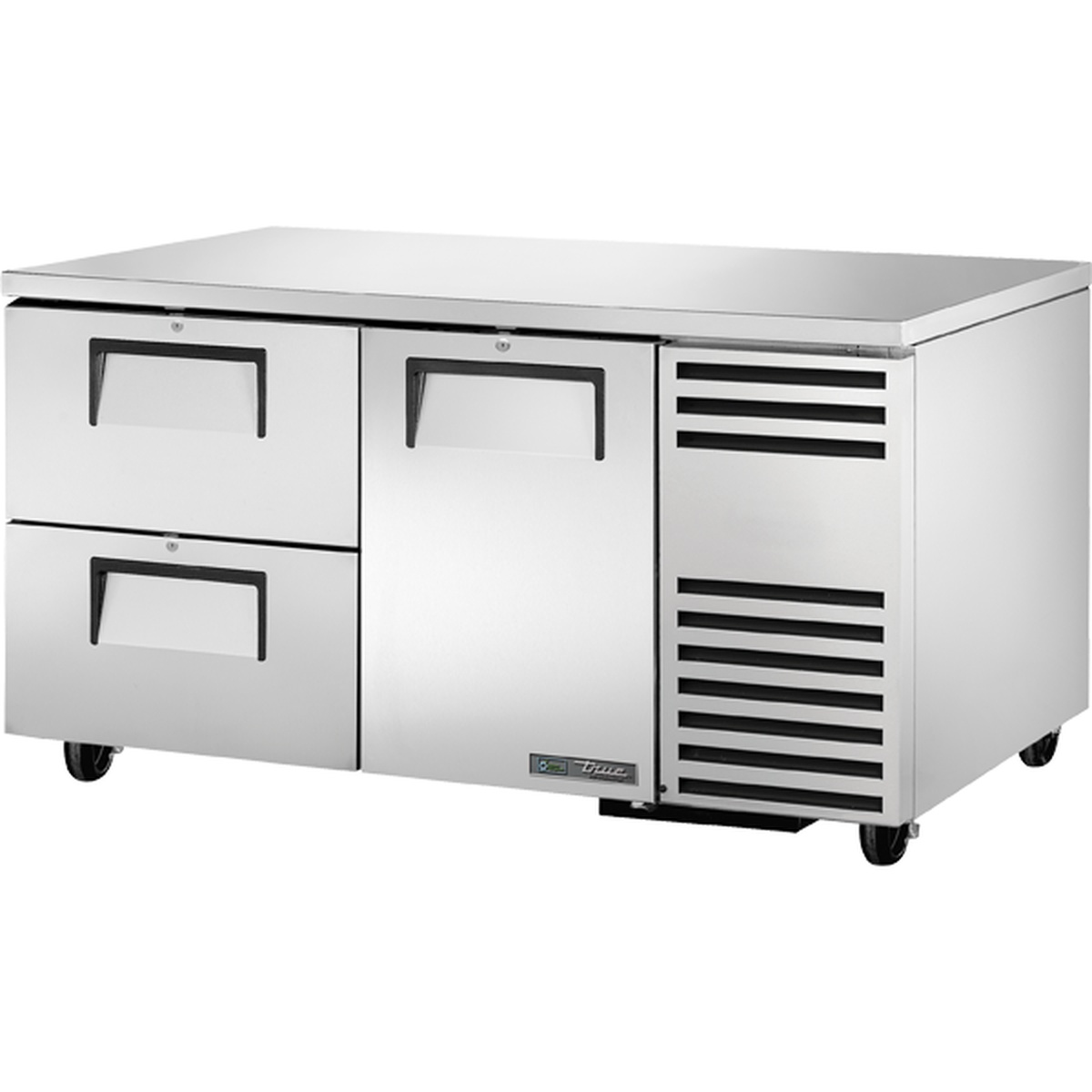 True TUC-60-32D-2-HC stainless steel undercounter refrigerator with two drawers on the left and one solid swing door on the right, mounted on casters