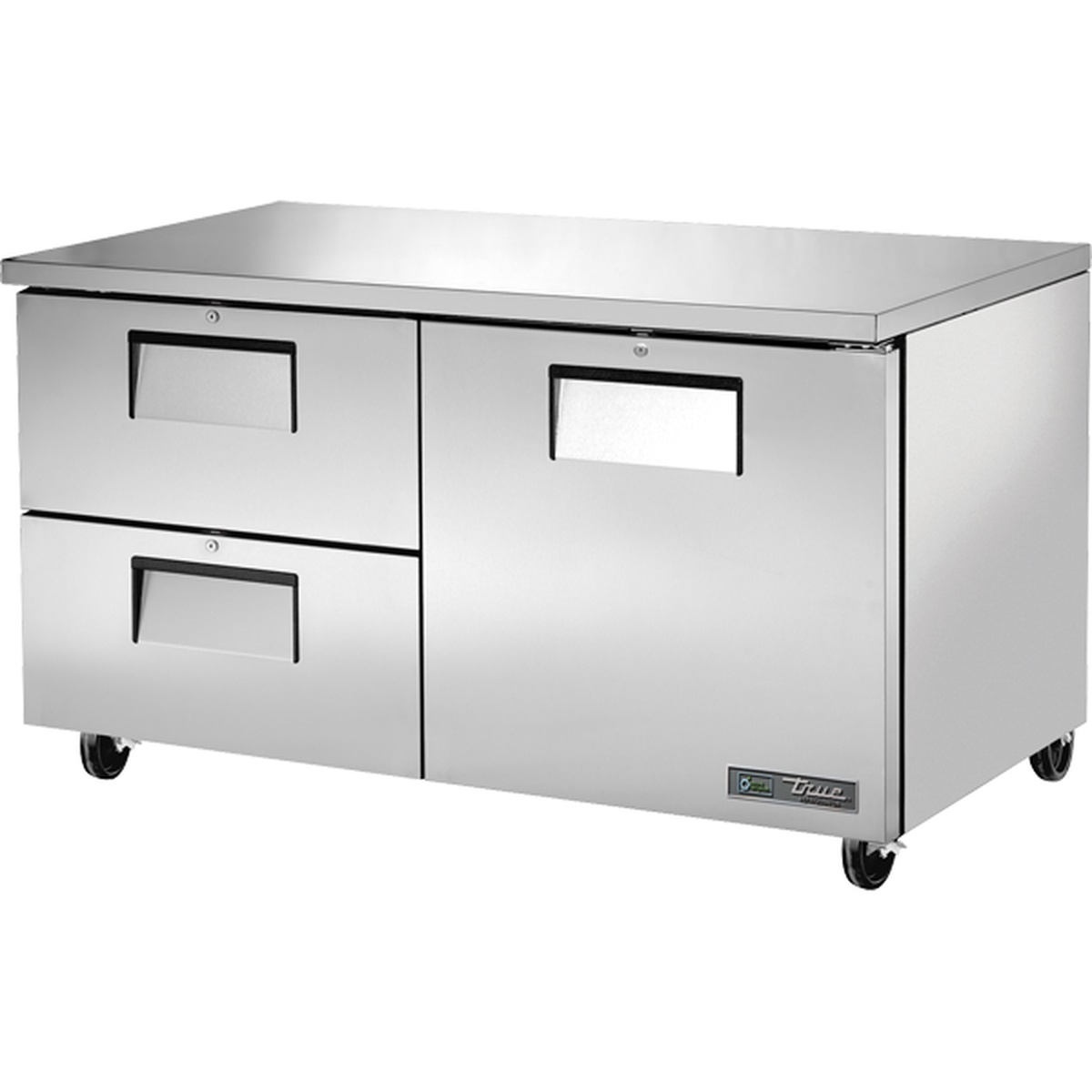 True TUC-60D-2-HC 60-inch undercounter refrigerator with one solid stainless steel door and two drawers on casters