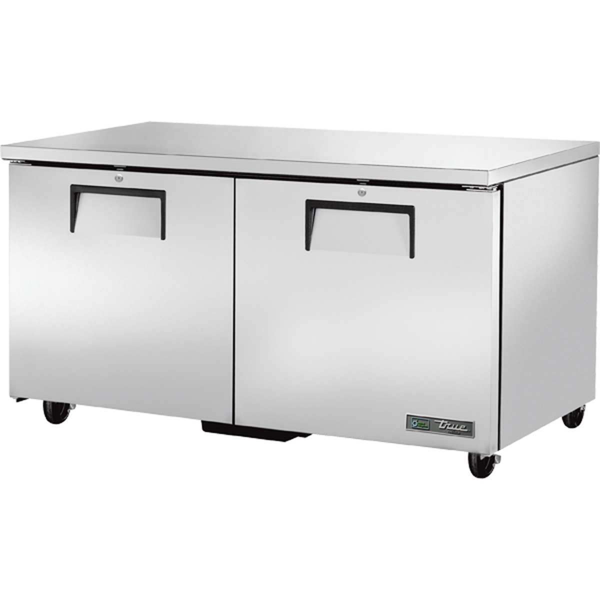 True TUC-60F-HC 60-inch two-door stainless steel undercounter freezer on casters, front view