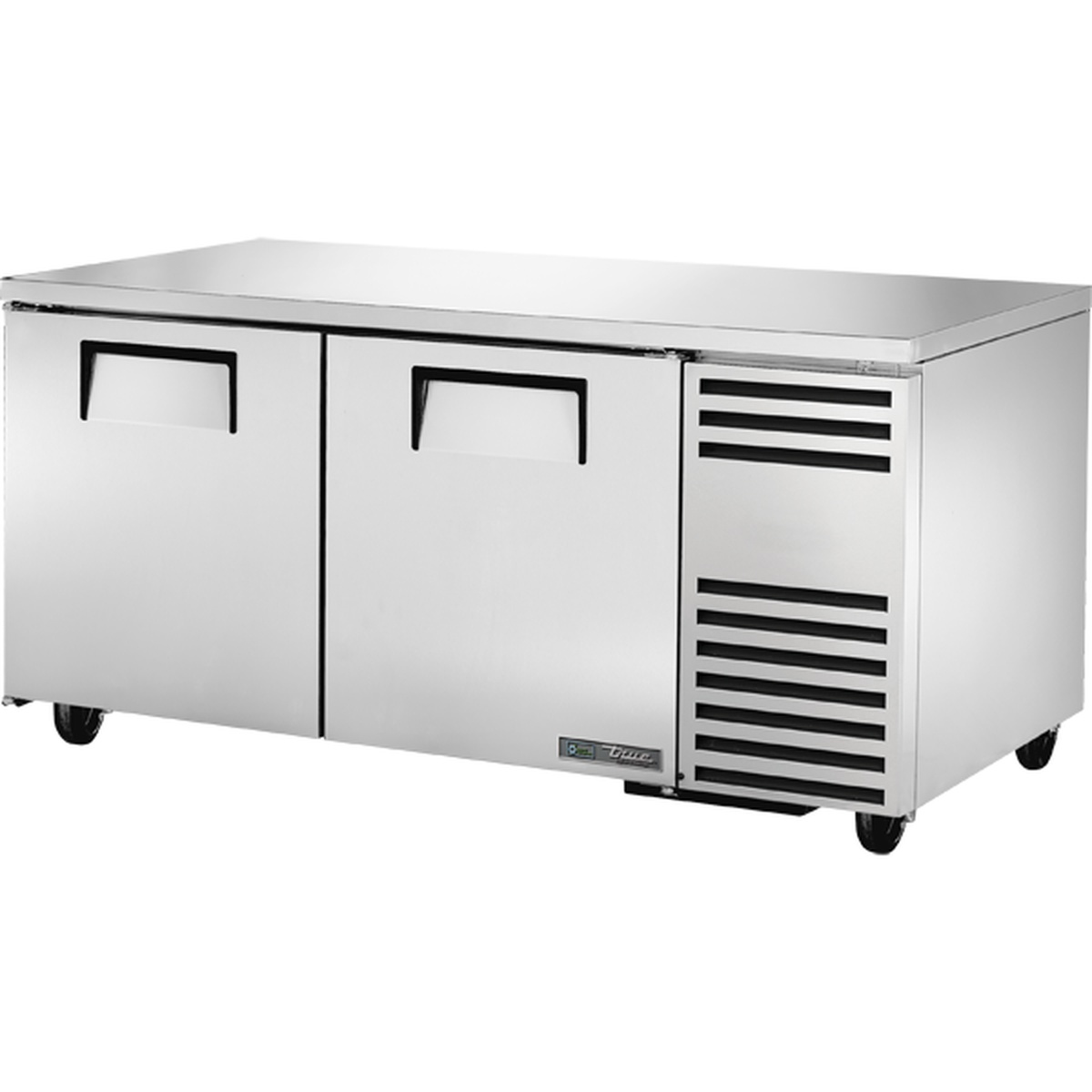 True TUC-67-HC 67-inch two-door stainless steel undercounter refrigerator on casters