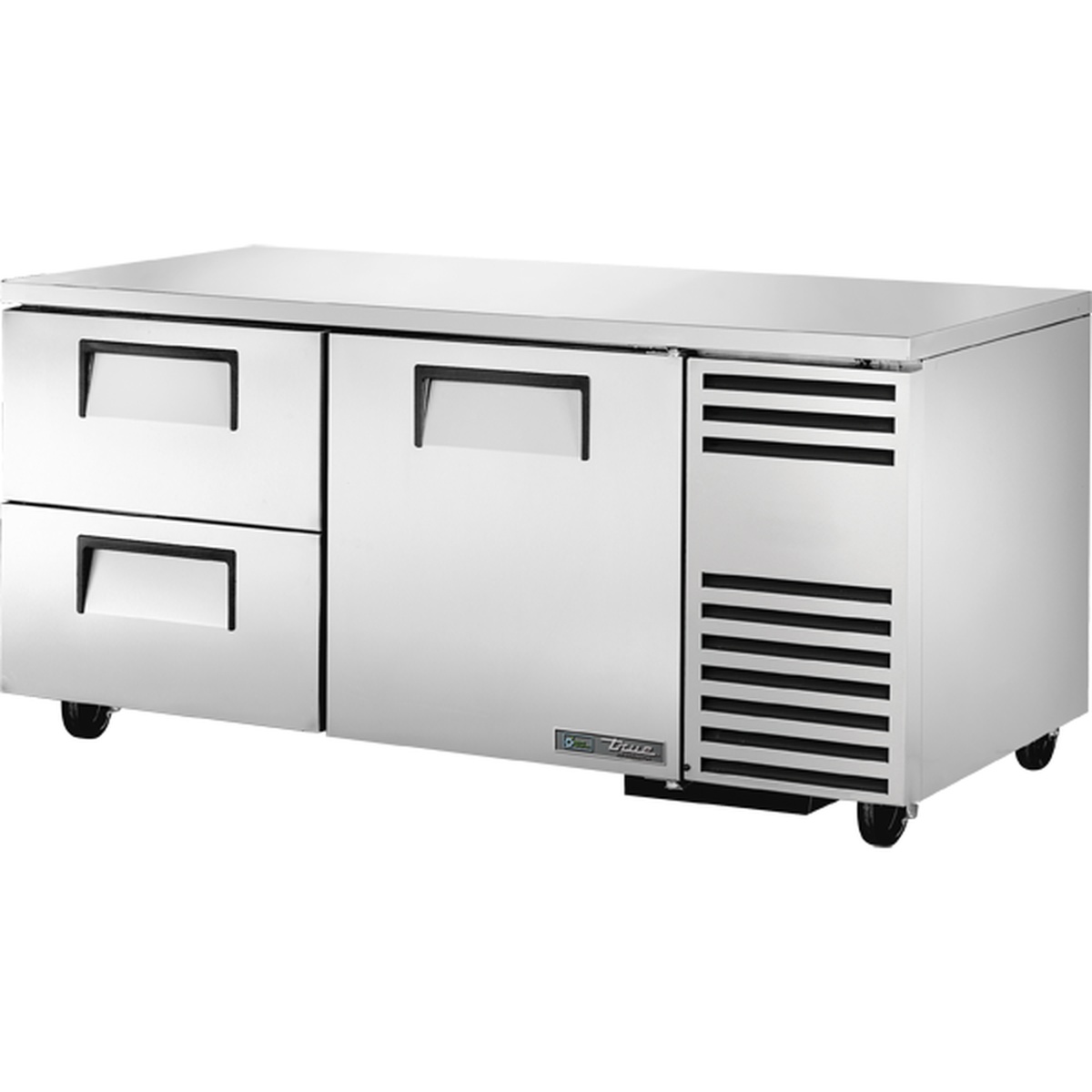 True TUC-67D-2-HC 67-inch undercounter refrigerator with one solid stainless steel door and two drawers on casters
