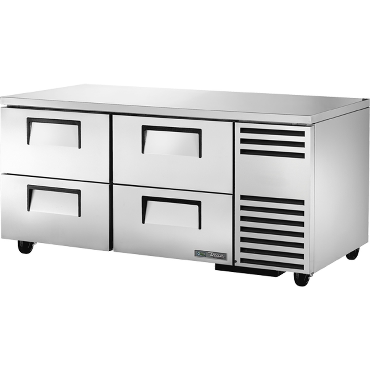 True TUC-67D-4-HC stainless steel undercounter refrigerator with four drawers and castors on white background