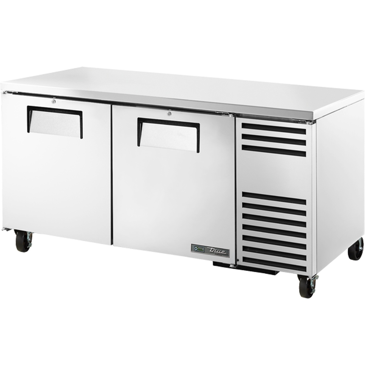 True TUC-67F-HC two-door stainless steel undercounter freezer with casters on a white background