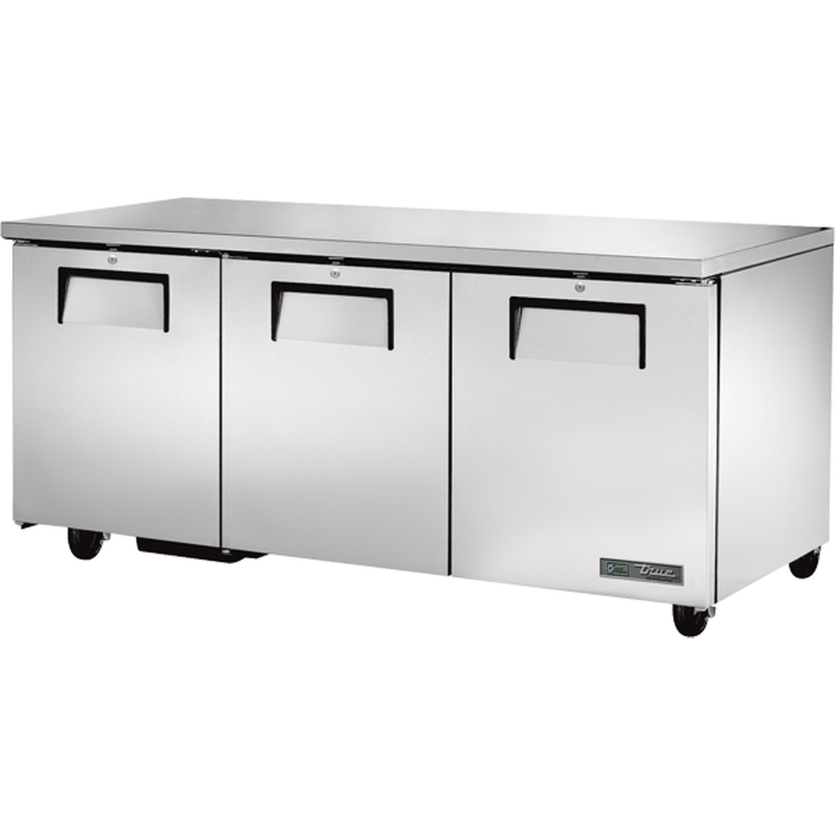 True TUC-72-HC three-door stainless steel undercounter refrigerator with recessed handles and caster wheels