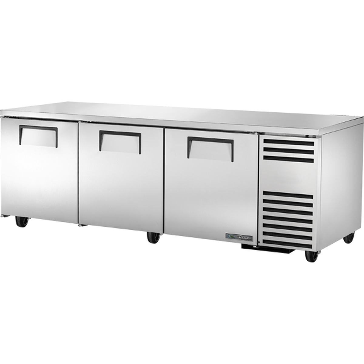 True TUC-93-HC 93-inch three-door stainless steel undercounter refrigerator with side-mounted compressor grille and caster wheels