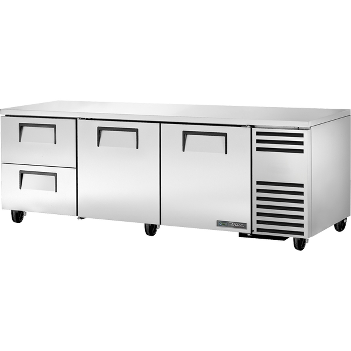 True TUC-93D-2-HC 93-inch undercounter refrigerator with two stainless steel doors, two drawers, and side-mounted compressor on casters