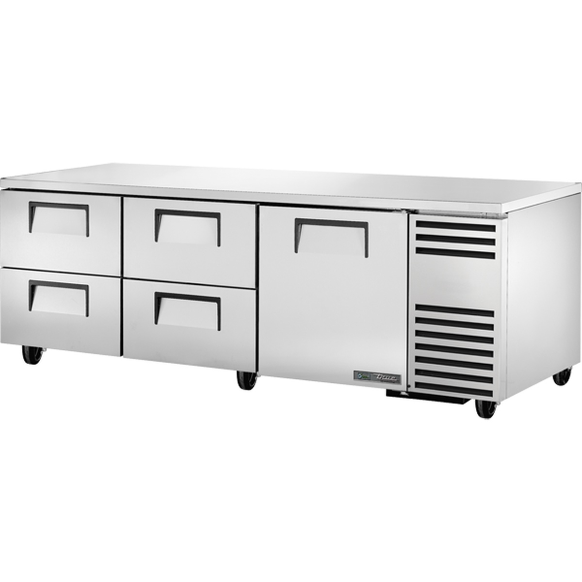 True TUC-93D-4-HC 93-inch stainless steel undercounter refrigerator with four drawers and one solid door on casters