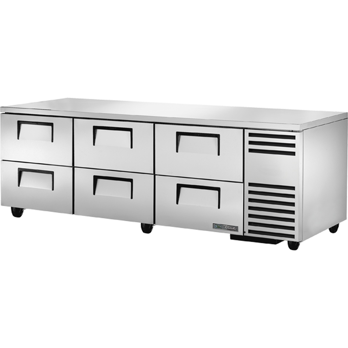 True TUC-93D-6-HC 93.25-inch six-drawer undercounter refrigerator with stainless steel exterior and side-mounted compressor grille