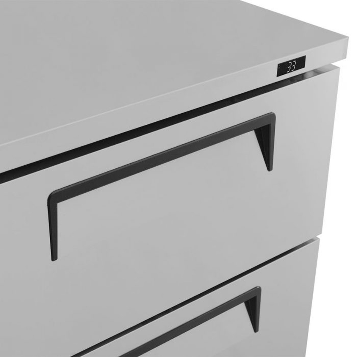 Close-up of Turbo Air TUF-28SD-D2-N drawer handles and external digital temperature display
