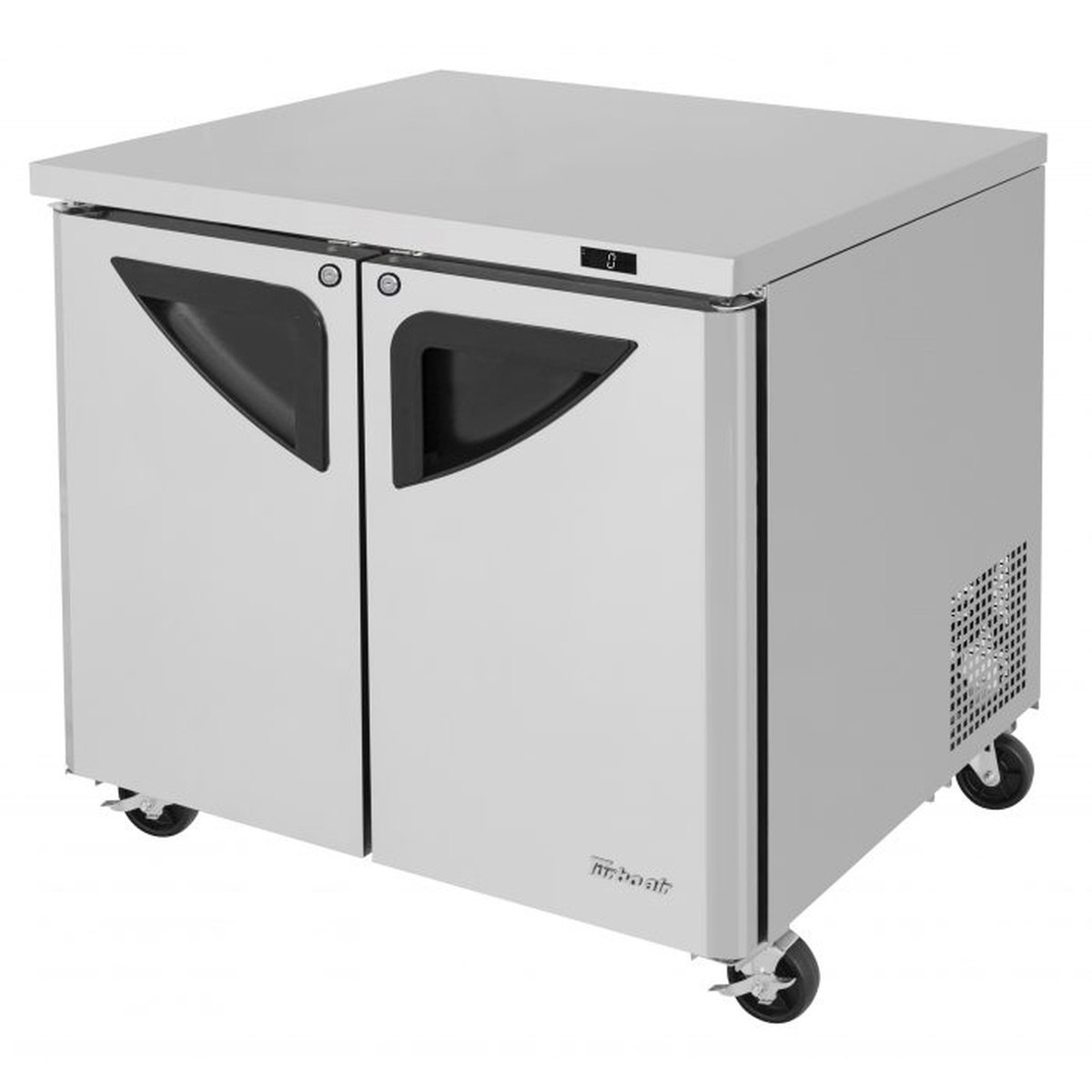 Turbo Air TUF-36SD-N two-section undercounter freezer with stainless steel body, dual solid doors, recessed handles, and 4-inch swivel casters
