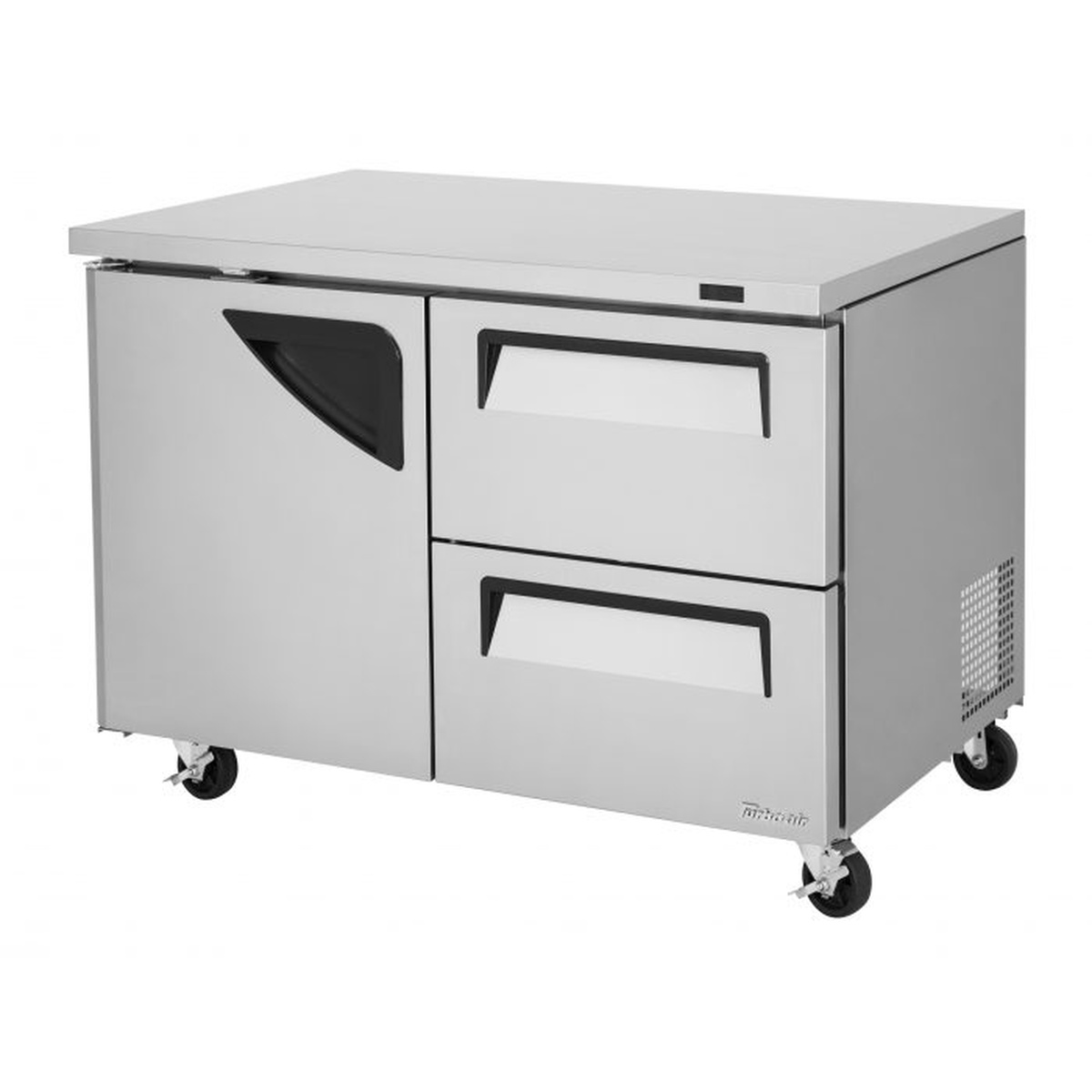 Turbo Air TUF-48SD-D2-N stainless steel undercounter freezer with one swing door and two drawers on casters