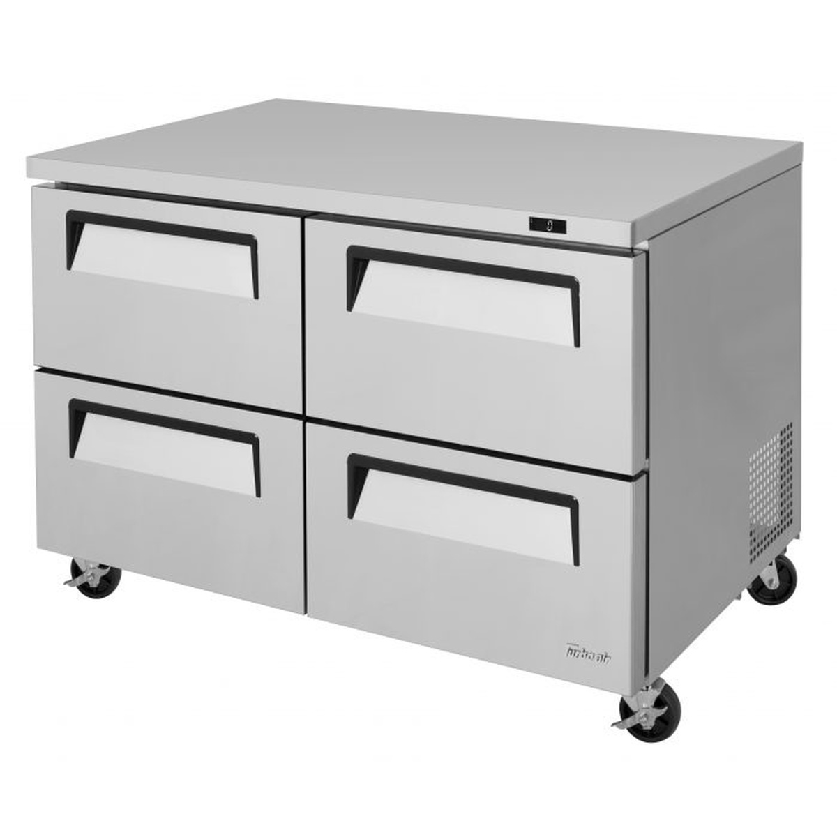 Turbo Air TUF-48SD-D4-N 48-inch stainless steel undercounter freezer with four drawers on swivel casters
