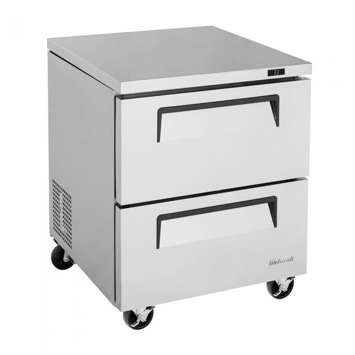 Turbo Air TUR-28SD-D2-N undercounter refrigerator angled right view showing rear ventilation grille and locking casters