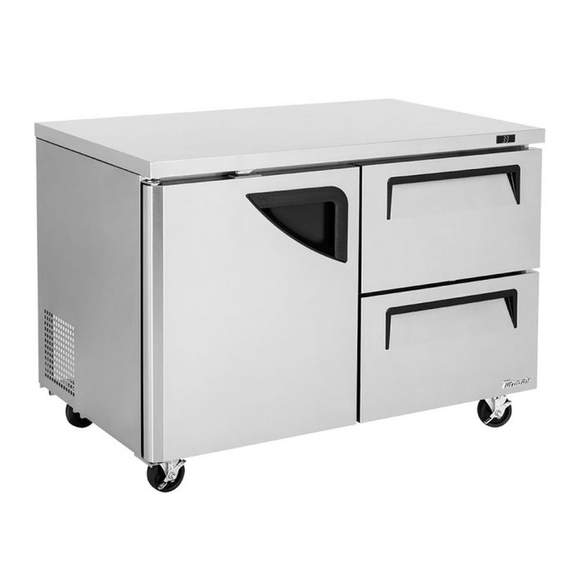 Angled view of Turbo Air undercounter refrigerator showing stainless steel cabinet and drawer fronts