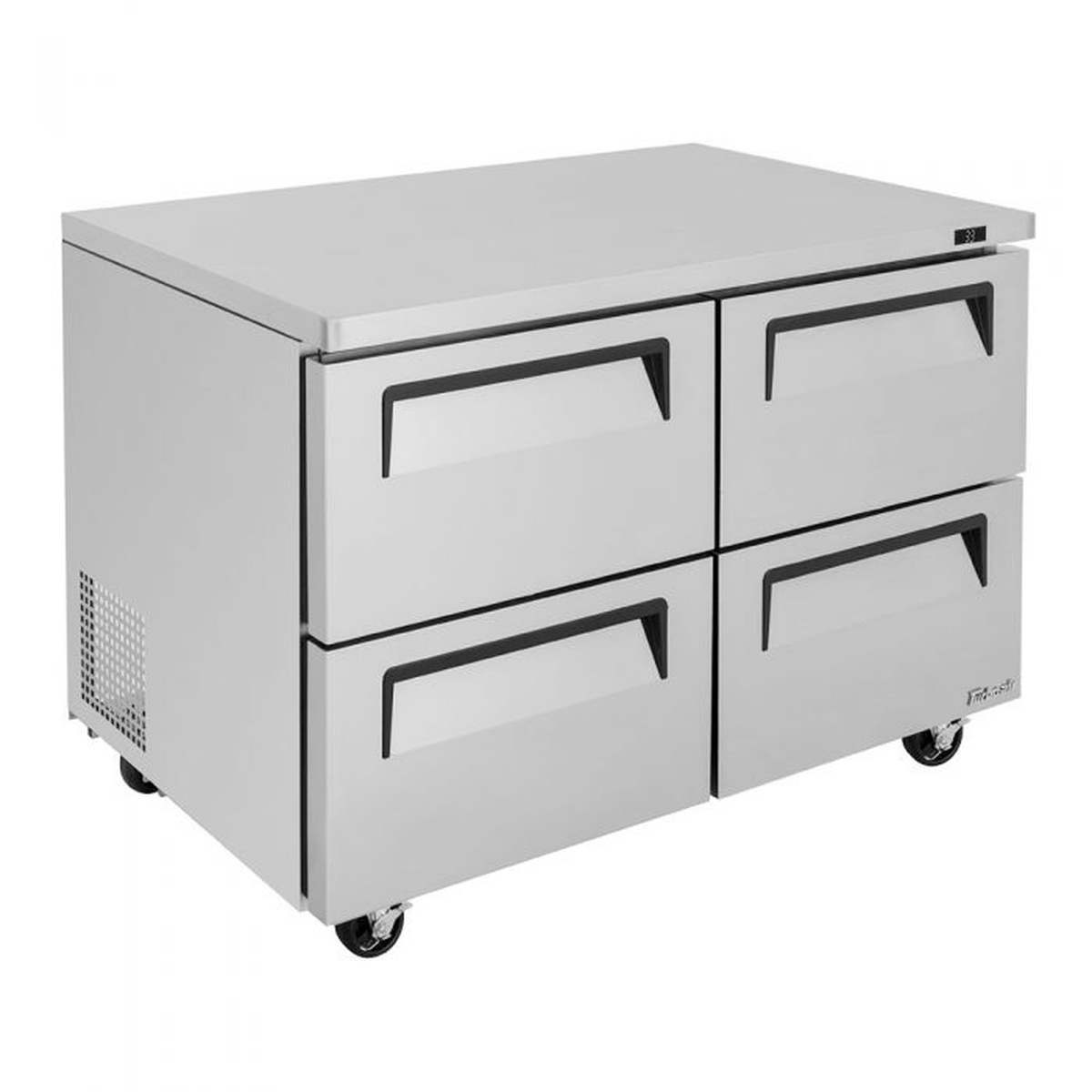 Turbo Air TUR-48SD-D4-N undercounter refrigerator, angled front-right view showing stainless exterior, four drawers, and 4-inch swivel casters