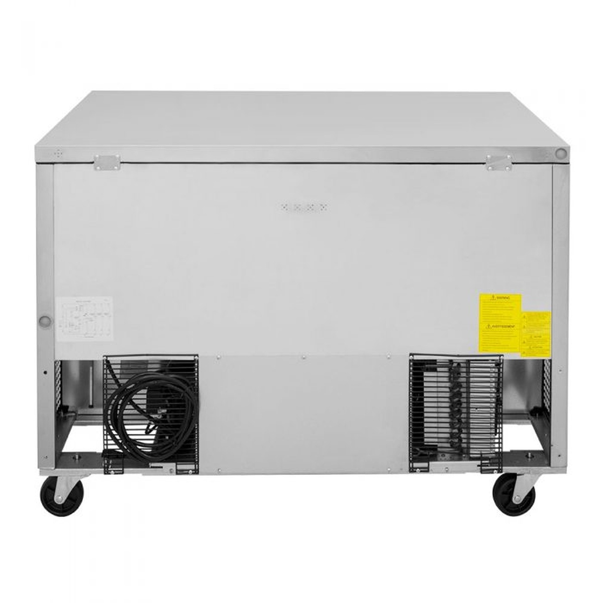 Turbo Air TUR-48SD-D4-N undercounter refrigerator, rear view showing self-contained rear-mounted refrigeration system, condenser fan, and casters