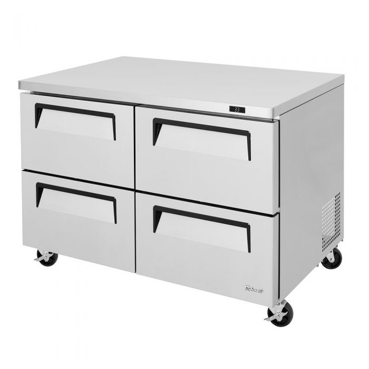 Turbo Air TUR-48SD-D4-N undercounter refrigerator, angled front-left view showing four stainless steel drawers with recessed handles and casters
