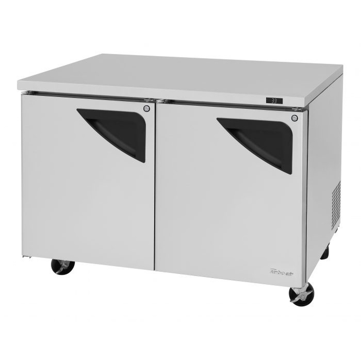 Turbo Air TUR-48SD-N undercounter refrigerator, right-side angle view showing solid doors and swivel casters