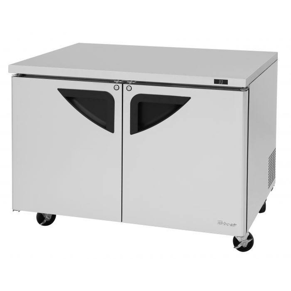 Turbo Air TUR-48SD-N two-section undercounter refrigerator, front-right angle view on casters