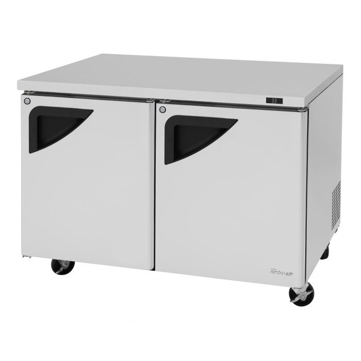 Turbo Air TUR-48SD-N undercounter refrigerator, left-side angle showing dual solid doors and digital display