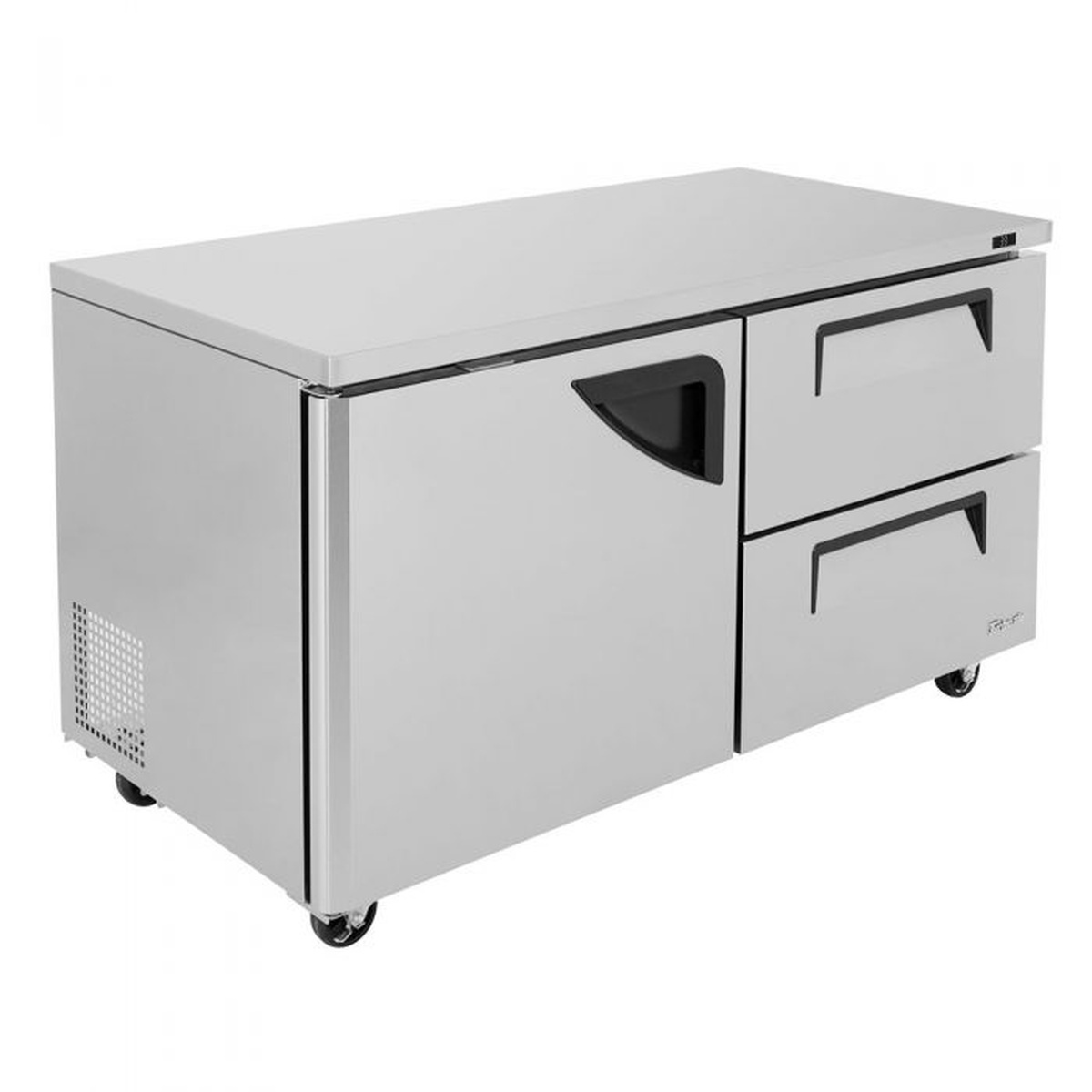 Angled view of Turbo Air TUR-60SD-D2-N undercounter refrigerator showing stainless top and drawer fronts