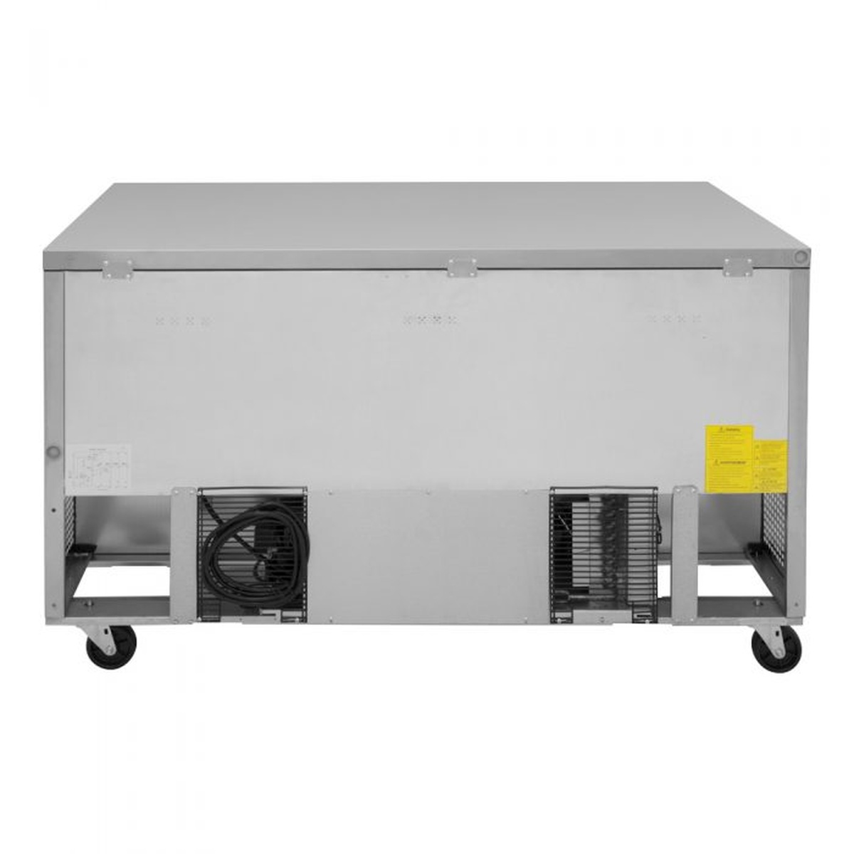 Rear view of Turbo Air TUR-60SD-D2-N undercounter refrigerator with rear-mounted refrigeration and power cord