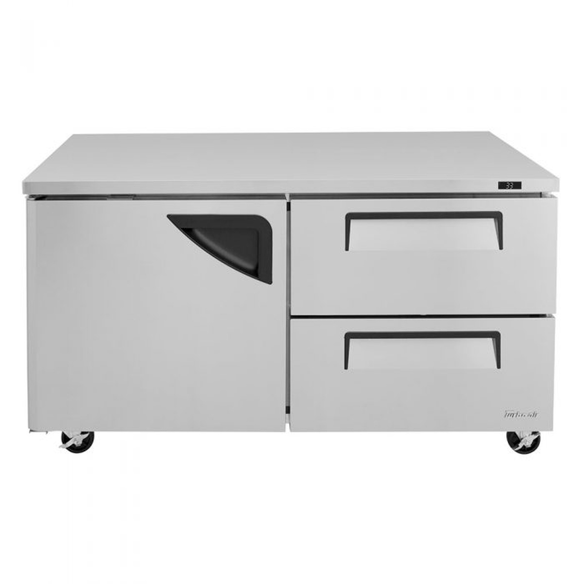 Front view of Turbo Air TUR-60SD-D2-N stainless undercounter refrigerator showing drawers and door