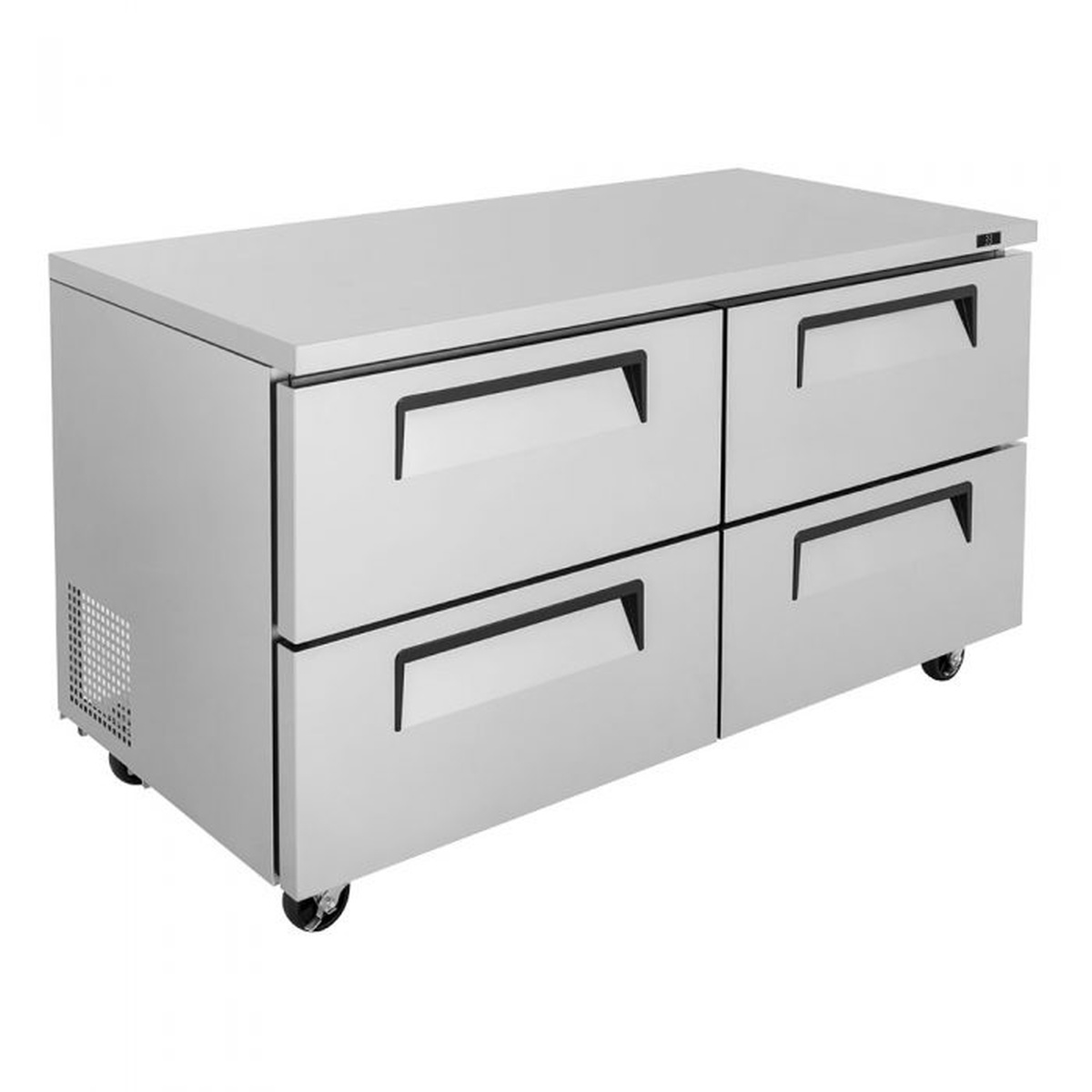 Angled view of Turbo Air TUR-60SD-D4-N undercounter refrigerator showing stainless cabinet and drawer handles