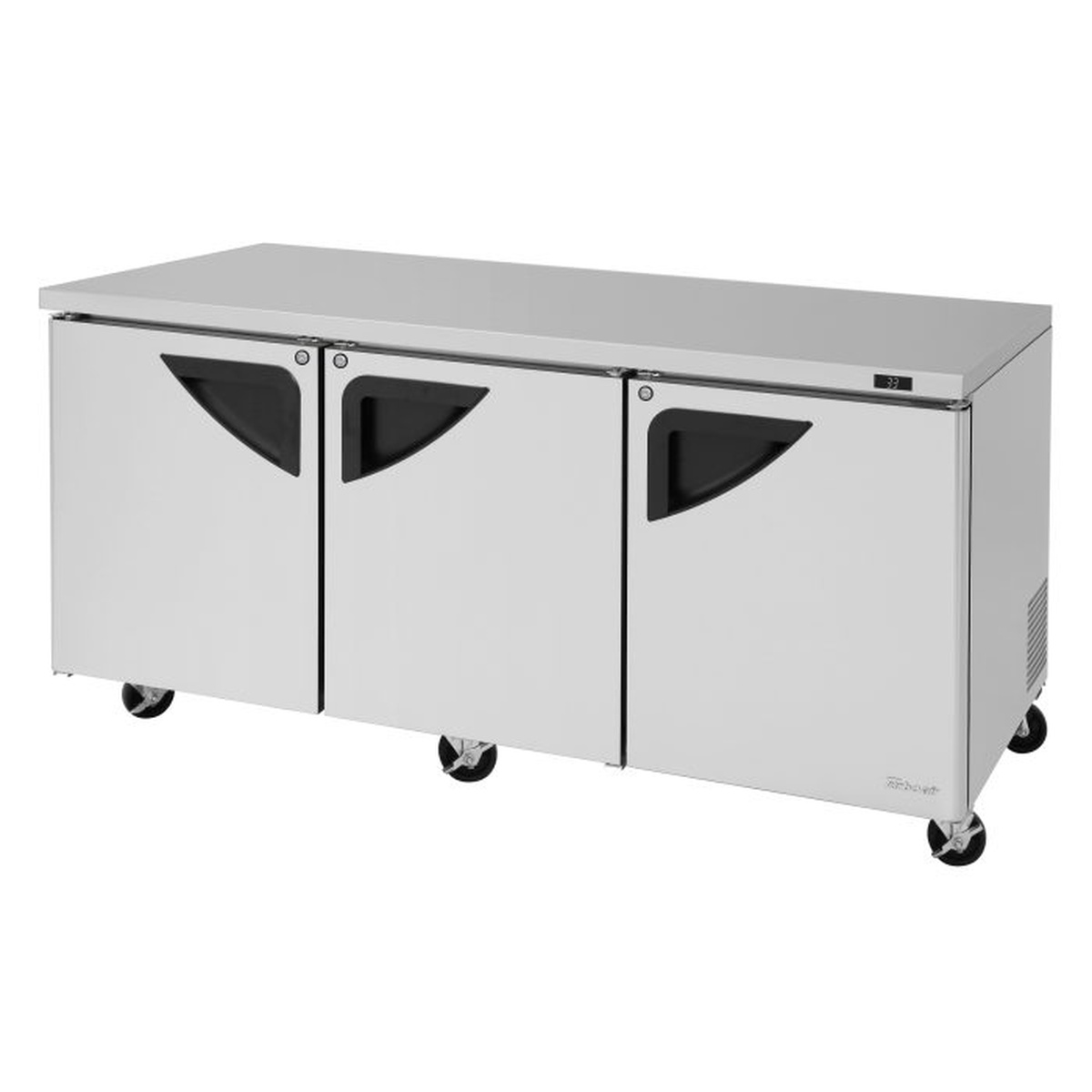 Turbo Air TUR-72SD-N three-door stainless steel undercounter refrigerator on casters