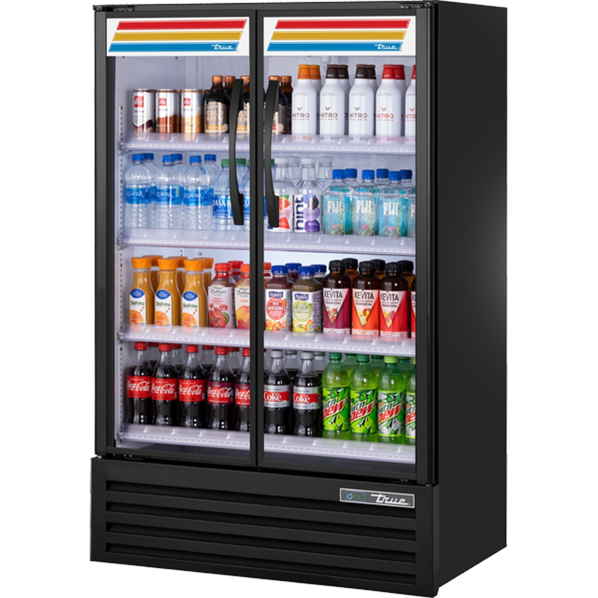 True TVM-36SL-HC~VM03 two-section black glass door slim line refrigerated merchandiser with four adjustable wire shelves stocked with beverages