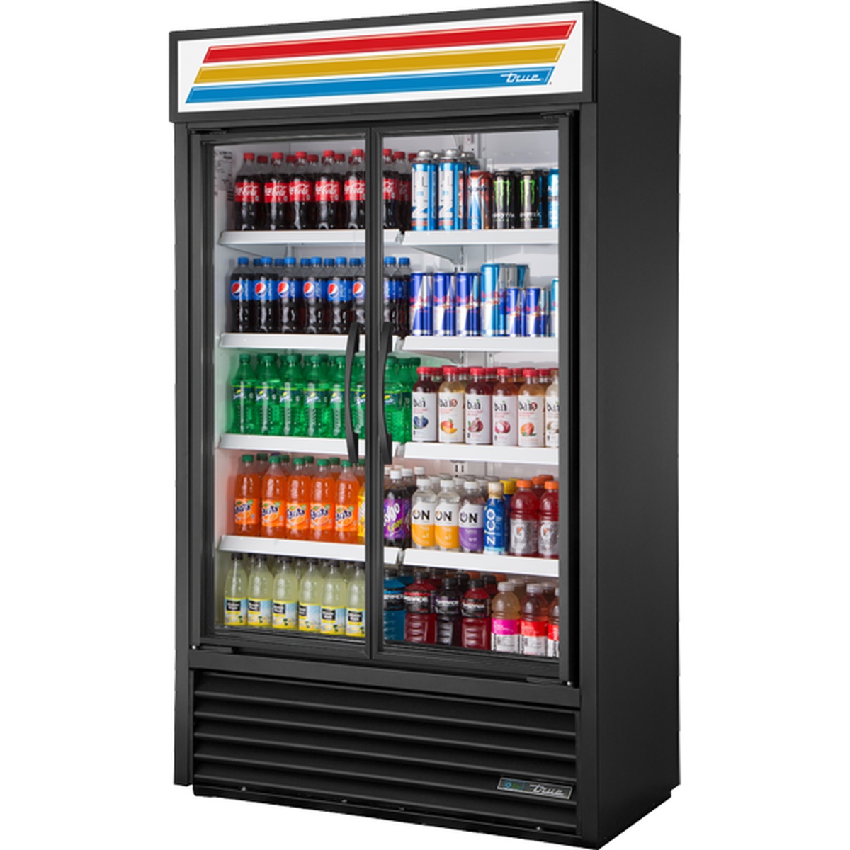 True TVM-48SL-HC~VM01 two-section glass door slim line merchandiser refrigerator stocked with beverages, black exterior with illuminated sign panel