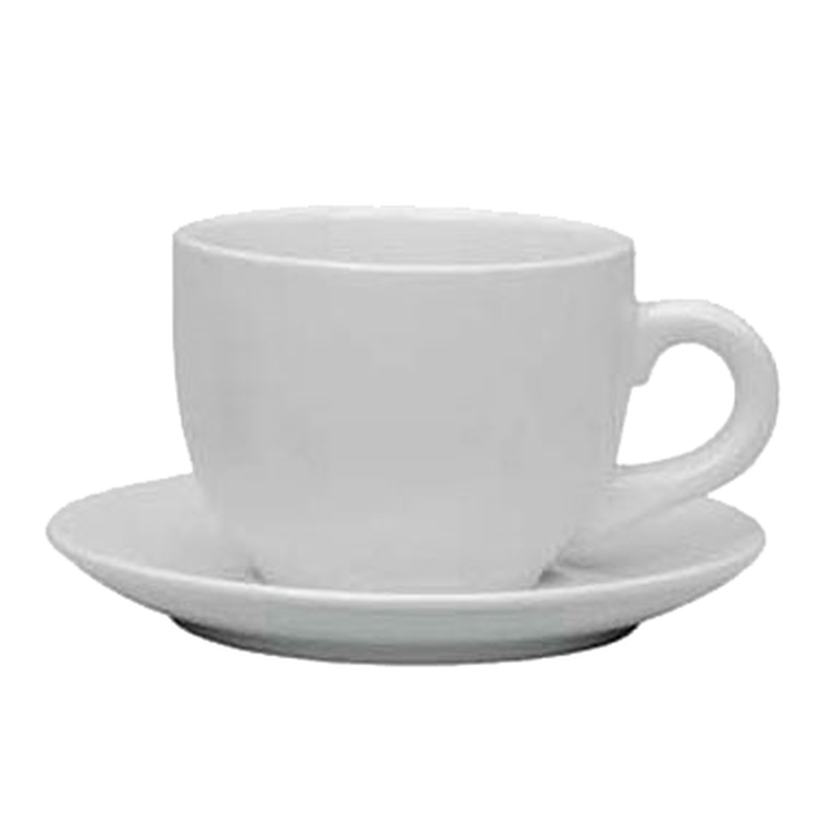 White ceramic Tiara cappuccino cup with matching saucer, side view
