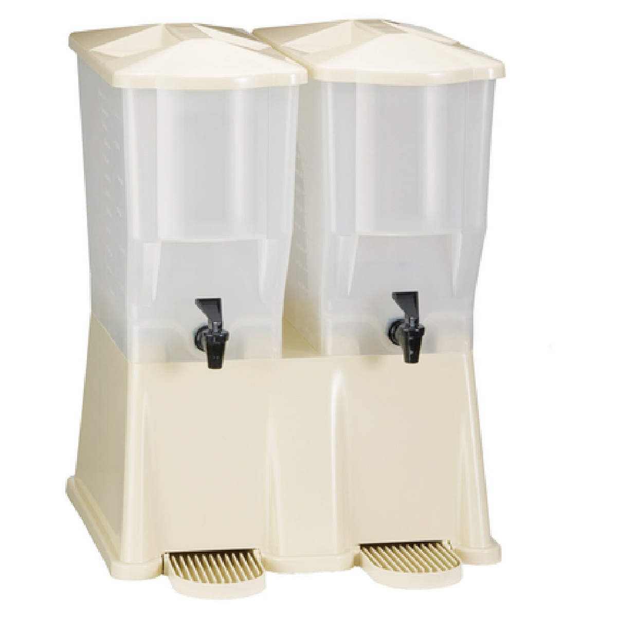 Tablecraft TW33B double replacement base shown supporting two Slimline beverage dispensers in almond polypropylene