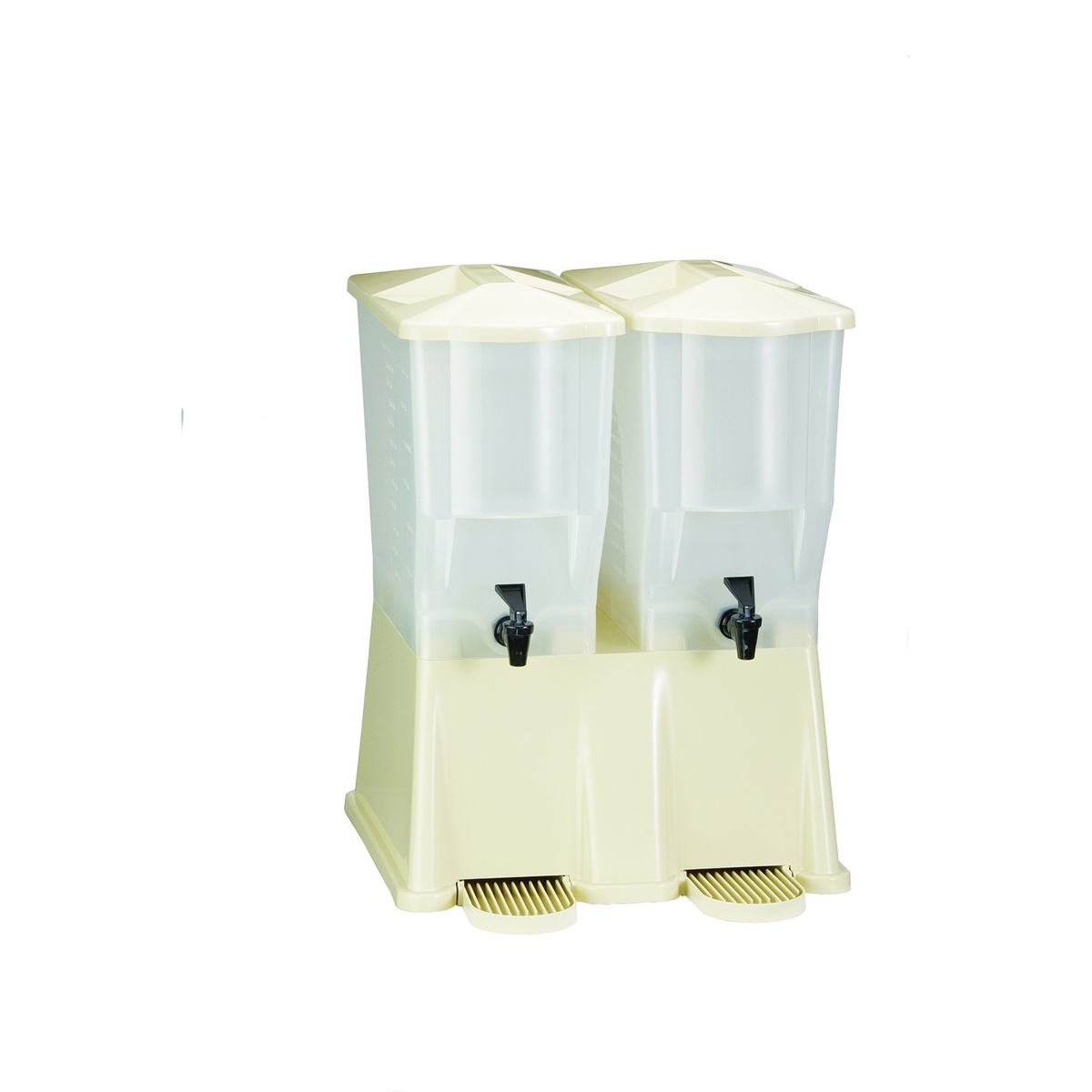 TableCraft TW33DP double slimline beverage dispenser angled view showing almond base and translucent reservoirs