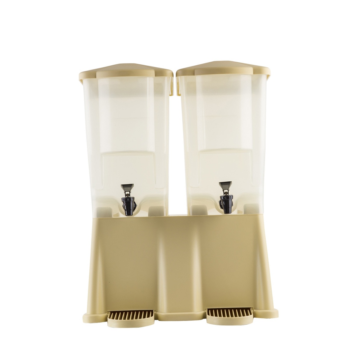 TableCraft TW33DP double beverage dispenser straight-on front view highlighting transparent containers and almond-colored base