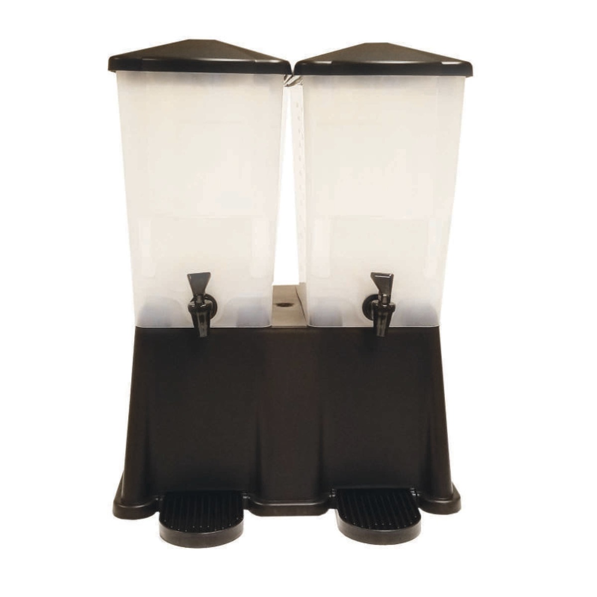 Tablecraft TW53DP double beverage dispenser angled side view showing black base, drip trays, and dual faucets