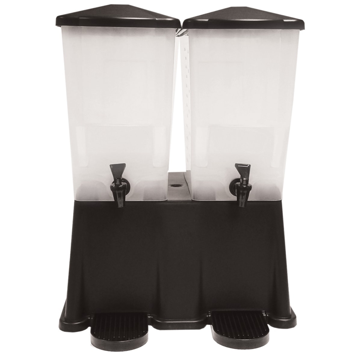 Tablecraft TW53DP double beverage dispenser with two translucent reservoirs and black base, front view
